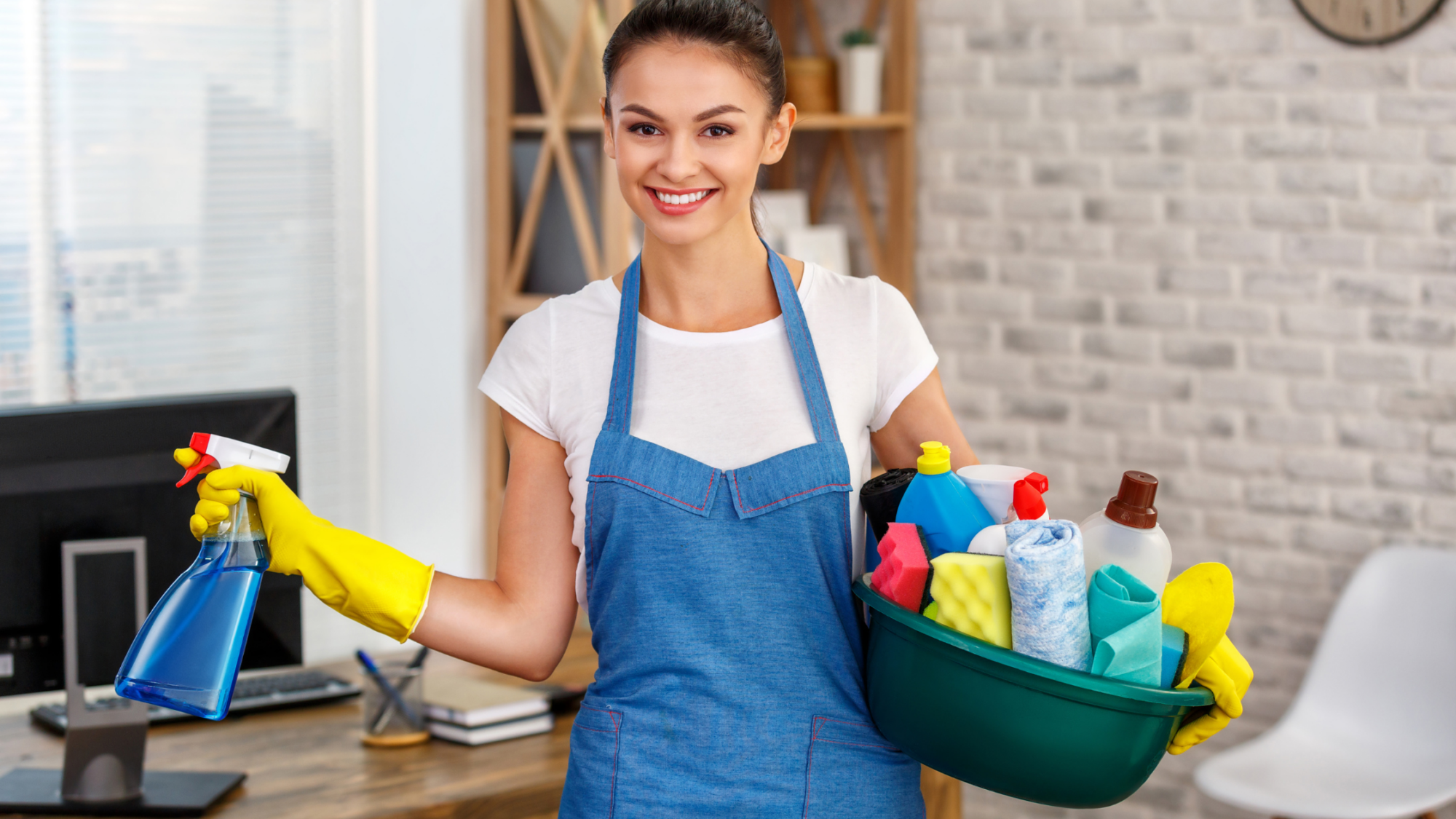 expert cleaning lady with materials